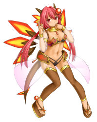 Rule 34 | 1girl, armor, bikini armor, breasts, character request, cleavage, demon girl, detached sleeves, detached wings, emil chronicle online, full body, gorget, hair between eyes, horns, kasuga yukihito, leggings, long hair, low twintails, medium breasts, navel, pink hair, red eyes, salamander alma, sandals, see-through, showgirl skirt, simple background, smile, solo, tail, thighhighs, toes, twintails, wings