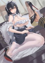 Rule 34 | 1girl, azur lane, black dress, black footwear, black hair, breasts, choker, christian louboutin (brand), cum, cum in footwear, cum on clothes, dress, frilled choker, frilled pillow, frills, full body, grey eyes, hair between eyes, heart, heart-shaped pupils, high heels, highres, huge breasts, indomitable (azur lane), indomitable (ms. motivationless maid) (azur lane), long hair, looking at viewer, louboutins, maid, maid headdress, mole, mole on breast, official alternate costume, pantyhose, patent heels, pillow, pumps, red soles, shoes, shoes focus, stiletto heels, symbol-shaped pupils, white pantyhose, yukiale