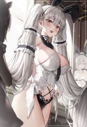 Rule 34 | 3girls, :d, absurdly long hair, absurdres, adapted costume, animal ears, azur lane, between breasts, black choker, black neckwear, black panties, black sailor collar, blush, breasts, choker, cleavage, commentary, cowboy shot, dress, fake animal ears, formidable (azur lane), formidable (timeless classics) (azur lane), hair between eyes, hair ribbon, highres, holding, holding own hair, indoors, kuse (0201), large breasts, long hair, looking at viewer, multiple girls, navel, necktie, necktie between breasts, official alternate costume, open mouth, panties, rabbit ears, red eyes, ribbon, sailor collar, silver hair, sirius (azur lane), smile, standing, sweat, swimsuit, teeth, twintails, underwear, upper teeth only, very long hair, white dress, window
