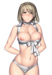 Rule 34 | 1girl, absurdres, ashley graham, blush, bow, breasts, breasts out, brown eyes, brown hair, choker, collarbone, highres, kansuke, looking at viewer, navel, nipples, panties, puffy nipples, resident evil, resident evil 4, short hair, simple background, solo, tears, underwear, white background, white panties