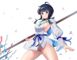 Rule 34 | 1girl, bare shoulders, black hair, blue eyes, blue ribbon, blush, breasts, closed mouth, dress, fate/grand order, fate/requiem, fate (series), fundoshi, holiday (pangjelly), japanese clothes, jewelry, large breasts, long sleeves, looking at viewer, magatama, magatama hair ornament, medium hair, multicolored hair, necklace, pelvic curtain, pink hair, polearm, puffy long sleeves, puffy sleeves, ribbon, seigaiha, short dress, sideboob, sideless outfit, simple background, spear, streaked hair, thighs, utsumi erice, water drop, weapon, white background, white dress