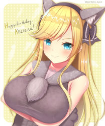 Rule 34 | 1girl, absurdres, animal ear fluff, animal ears, black bow, blonde hair, blue eyes, blush, bow, breasts, cat ears, character name, chunithm, closed mouth, commentary request, crossed arms, english text, fake animal ears, gerbera kyun, hair bow, hairband, happy birthday, highres, large breasts, long hair, looking at viewer, ogata arishiana, outline, polka dot, polka dot background, sailor collar, smile, solo, twitter username, upper body, yellow background, yellow outline
