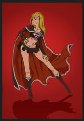 Rule 34 | 1girl, blonde hair, boots, cape, dc comics, evil, female focus, hands on own hips, highres, kikisuke t, kryptonian, long hair, midriff, miniskirt, red cape, red eyes, s shield, skirt, solo, supergirl, superman (series)