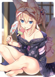 Rule 34 | 1girl, animal ear fluff, animal ears, barefoot, blonde hair, blue eyes, food, fox ears, fox tail, fruit, indian style, japanese clothes, kimono, looking at viewer, mouth hold, nd fan, nozomi tsubame, off shoulder, original, short hair, sitting, solo, suzuha (nozomi tsubame), sweat, tail, watermelon