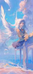 Rule 34 | 1girl, absurdres, angel beats!, angel wings, barefoot, blue sky, cloud, commentary request, day, feathered wings, flower, highres, instrument, long hair, looking at viewer, maccha (mochancc), multiple girls, ocean, outdoors, petals, piano, school uniform, sitting, skirt, sky, smile, solo, tenshi (angel beats!), very long hair, water, white hair, wings, yellow eyes