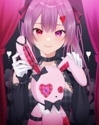 Rule 34 | 1girl, blush, buttons, collar, curtains, detached sleeves, dress, gloves, hair ornament, hair ribbon, harness, heart, heart hair ornament, heterochromia, highres, holding, holding stuffed toy, long hair, long sleeves, looking at viewer, o-ring, original, pink eyes, plaid, plaid dress, purple hair, red eyes, ribbon, smile, solo, stuffed animal, stuffed rabbit, stuffed toy, twintails, upper body, wanko (yurika0320)