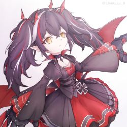 Rule 34 | 1girl, azur lane, bat wings, black capelet, black choker, black corset, black dress, black hair, breasts, capelet, choker, claw (weapon), cleavage, closed mouth, commentary, corset, cowboy shot, cross, cross earrings, crossed bangs, dress, earrings, frilled dress, frills, hair between eyes, hair ornament, iron cross, jewelry, long hair, looking at viewer, multicolored hair, pointy ears, red dress, red hair, sidelocks, simple background, small breasts, solo, standing, streaked hair, taka-8g, twintails, twitter username, weapon, white background, white hair, wide sleeves, wing hair ornament, wings, yellow eyes, z24 (azur lane)