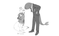 Rule 34 | 1boy, 1girl, animal ears, dragon ball, dragonball z, fins, fish boy, fish tail, formal, fox ears, fox girl, fox tail, from side, full body, greyscale, h2osakana, hands on own hips, height difference, jacket, looking at another, moist owlette, monochrome, necktie, pants, parody, phase connect, signature, stare down, suit, tail, tenma maemi, virtual youtuber