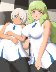 Rule 34 | 2girls, anime coloring, aqua eyes, black legwear, blue eyes, blue neckwear, blush, breasts, brooch, capitan (tsyoujo), checkered floor, chestnut mouth, collared dress, covered navel, cowboy shot, dress, electoa (capitan (tsyoujo)), farneli (capitan (tsyoujo)), frown, green hair, highres, jewelry, large breasts, long hair, looking at viewer, lying, multiple girls, necktie, on back, original, pantyhose, platinum blonde hair, short hair, short necktie, sleeveless, sleeveless dress, small breasts, white dress