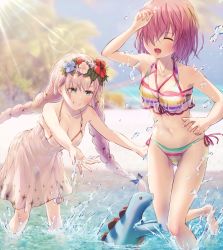 Rule 34 | 2girls, absurdres, anastasia (fate), anastasia (swimsuit archer) (fate), anastasia (swimsuit archer) (second ascension) (fate), beach, bikini, blue eyes, blue flower, blurry, blurry background, blush, braid, breasts, closed eyes, collarbone, commentary request, dinosaur, dress, dress swimsuit, fate/grand order, fate (series), fingernails, flower, flower wreath, grin, hair between eyes, hair flower, hair ornament, hair over one eye, head wreath, highres, in water, long hair, mash kyrielight, mash kyrielight (swimsuit of perpetual summer ver.02), medium breasts, multicolored bikini, multicolored clothes, multicolored swimsuit, multiple girls, navel, official alternate costume, one-piece swimsuit, open mouth, outdoors, pink hair, red flower, sand, see-through, short hair, smile, splashing, ste-kun (fate), stegosaurus, striped bikini, striped clothes, sunlight, swimsuit, teeth, tongue, twin braids, wading, water, white dress, white flower, white hair, white one-piece swimsuit, yumesaki takeshi