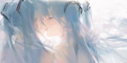 Rule 34 | 2girls, bare back, bare shoulders, blue eyes, blue hair, blue theme, clone, closed eyes, eyelashes, from behind, grey shirt, hair ornament, half-closed eyes, hatsune miku, highres, imminent kiss, long hair, multiple girls, portrait, profile, scarf, selfcest, shirt, spencer sais, tears, twintails, vocaloid, white scarf, yuri