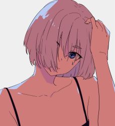 Rule 34 | 1girl, arm up, bare shoulders, blue eyes, camisole, closed mouth, collarbone, grey background, hair over one eye, head tilt, highres, looking at viewer, mee (sohin), original, short hair, slit pupils, sohin, solo, teardrop facial mark, thick eyebrows, upper body