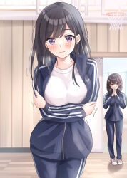 Rule 34 | 2girls, basketball hoop, black hair, blue jacket, blue pants, blush, breasts, breathing on hands, closed mouth, cold, commentary request, crossed arms, day, gym shirt, hair between eyes, hands up, highres, indoors, jacket, medium breasts, multiple girls, open clothes, open jacket, original, palms together, pants, purple eyes, red eyes, shirt, shoes, solo focus, standing, track jacket, track suit, trembling, white footwear, white shirt, wooden floor, yukimaru217