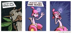 Rule 34 | 00s, 3koma, black background, blue background, bummerdude, colored sclera, colored skin, comic, creatures (company), english text, evil, game freak, gen 3 pokemon, hands on own face, leaf, medicham, nintendo, no humans, orange sclera, outstretched hand, pink skin, pokemon, pokemon (creature), pokemon move, pokemon rse, scared, serious, shiftry, simple background, standing, teeth, telepathy, watermark, web address