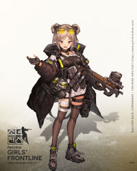 Rule 34 | 1girl, ammunition, armor-piercing ammunition, black coat, black footwear, black gloves, black thighhighs, blush, boots, breasts, brown hair, buckle, bullet, bullpup, character name, choker, coat, double bun, eyewear on head, fn 5.7x28mm, full body, gas mask, girls&#039; frontline, gloves, gun, hair bun, hair ornament, high-capacity magazine, highres, holding, holding gun, holding weapon, horizontal magazine, light brown hair, lm7 (op-center), load bearing equipment, looking at viewer, magazine (weapon), mask, medium breasts, military cartridge, official art, open clothes, open coat, open mouth, p90, p90 (girls&#039; frontline), partially fingerless gloves, pdw cartridge, personal defense weapon, pistol cartridge, pouch, red eyes, scope, see-through, short hair, sidelocks, smile, snap-fit buckle, solo, standing, strap, strapless, submachine gun, sunglasses on head, supersonic ammunition, thigh strap, thighhighs, tinted eyewear, translucent, trigger discipline, tube top, weapon, zipper footwear
