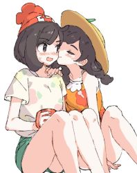 Rule 34 | 2girls, ^^^, ankea (a-ramo-do), ass, beanie, black hair, blush, braid, closed eyes, creatures (company), cup, dual persona, embarrassed, floral print, game freak, green shorts, hand on another&#039;s shoulder, hat, kiss, kissing cheek, knees up, legs together, long hair, mug, multiple girls, nervous, nintendo, open mouth, pokemon, pokemon sm, pokemon usum, selene (pokemon), short hair, short sleeves, shorts, simple background, sleeveless, smile, straw hat, sweat, sweatdrop, thighs, twin braids, twintails, white background, yuri