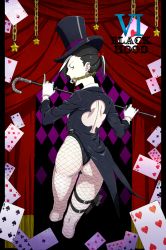 Rule 34 | 1girl, absurdres, ass, back, ball gag, black hair, black hood, blue eyes, cane, card, clubs, dice, earrings, fishnet pantyhose, fishnets, gag, gagged, gloves, gun, hat, heart, highres, holster, jewelry, kamezaemon, looking back, magician, multicolored hair, original, pantyhose, pinky out, playboy bunny, playing card, ponytail, solo, spade, star (symbol), tailcoat, thigh holster, top hat, two-tone hair, weapon, white hair