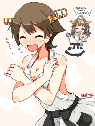 Rule 34 | 2girls, adapted costume, ahoge, alternate costume, bare shoulders, blush, breasts, brown hair, cleavage, covering privates, covering breasts, dress, embarrassed, closed eyes, flipped hair, hairband, headgear, heart, heart ahoge, hiei (kancolle), kanoe soushi, kantai collection, kongou (kancolle), long hair, medium breasts, multiple girls, open mouth, short hair, solo focus, translation request, twitter username, white dress