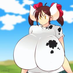 Rule 34 | 1girl, abs, animated, animated gif, bra, breasts, brown hair, cleavage, clothes lift, cow girl, cow horns, cow tail, gigantic breasts, hair ribbon, hataraki ari, horns, lace, lace bra, lowres, navel, original, pink bra, ribbon, shirt lift, solo, sukimi, tail, underwear