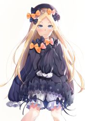 Rule 34 | 1girl, abigail williams (fate), absurdres, atora, bad id, bad pixiv id, black bow, black dress, black hat, blonde hair, blue eyes, blush, bow, bug, butterfly, closed mouth, commentary request, dress, fate/grand order, fate (series), forehead, hair bow, hat, highres, insect, long hair, long sleeves, looking at viewer, orange bow, parted bangs, polka dot, polka dot bow, simple background, sleeves past wrists, smile, solo, very long hair, white background