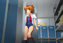 Rule 34 | 1990s (style), 1girl, :d, absurdres, antenna hair, blush, breasts, brown hair, cardcaptor sakura, clothes pull, covered navel, green eyes, hair bobbles, hair ornament, hand on own chest, highres, kinomoto sakura, locker, locker room, looking at viewer, mutsuki (moonknives), neckerchief, old school swimsuit, one-piece swimsuit, open mouth, retro artstyle, school swimsuit, school uniform, shiny clothes, shirt, short hair, short sleeves, skirt, skirt pull, small breasts, smile, solo, swimsuit, swimsuit under clothes, undressing