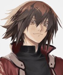 Rule 34 | 1boy, absurdres, aug ta, black shirt, brown eyes, brown hair, closed mouth, highres, jacket, light blush, light smile, looking at viewer, open clothes, open jacket, portrait, red jacket, rotated, shirt, short hair, simple background, solo, white background, yu-gi-oh!, yu-gi-oh! gx, yuki judai