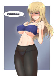 Rule 34 | 1girl, black pantyhose, blonde hair, blue bra, blue panties, blush, bra, breast expansion, breasts, glasses, highres, large breasts, long hair, navel, panties, panties under pantyhose, pantyhose, perrine h. clostermann, solo, standing, strike witches, underwear, world witches series, yellow eyes