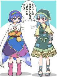 Rule 34 | 2girls, :/, apron, belt, blue hair, blush, boots, cape, commentary request, crossed arms, green headwear, hair between eyes, hand on own hip, haniyasushin keiki, highres, long sleeves, looking at another, magatama, magatama necklace, multicolored clothes, multiple girls, necklace, pink eyes, pocket, pouch, purple eyes, purple hair, sandals, short hair, short sleeves, standing, tenkyuu chimata, thought bubble, touhou, translation request, ttmry bonbon