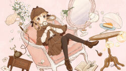 Rule 34 | 1girl, antique phone, black thighhighs, blonde hair, boots, braid, brown footwear, brown hat, brown skirt, couch, deerstalker, detective, envelope, food, hat, holding, holding magnifying glass, magnifying glass, nijisanji, on couch, pie, pie slice, plaid, plaid skirt, serving dome, sister claire, sitting, skirt, smoking pipe, solo, table, thighhighs, tokoyu, virtual youtuber