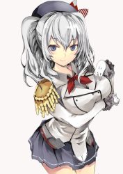 Rule 34 | 10s, 1girl, atoshi, bad id, bad pixiv id, breast lift, breasts, cowboy shot, epaulettes, female focus, gloves, grey eyes, hat, jacket, kantai collection, kashima (kancolle), large breasts, long sleeves, military, military uniform, miniskirt, pleated skirt, silver hair, skirt, smile, solo, twintails, uniform, white gloves