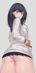 Rule 34 | 10s, 1girl, arm scrunchie, ass, black hair, black skirt, blue eyes, blush, breasts, cardigan, closed mouth, cowboy shot, female focus, from below, gridman universe, hand in pocket, long hair, looking at viewer, looking back, looking down, mahou kyuuri, medium breasts, panties, pantyshot, pleated skirt, shiny skin, simple background, skirt, solo, ssss.gridman, standing, takarada rikka, thick thighs, thighs, underwear