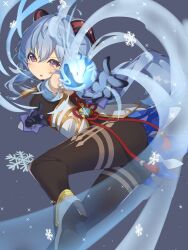 Rule 34 | 1girl, ahoge, ass, bare shoulders, bell, blue gloves, blue hair, breasts, brown pantyhose, chinese knot, detached sleeves, flower knot, from side, ganyu (genshin impact), genshin impact, gloves, gold trim, high heels, highres, horns, long hair, looking at viewer, low ponytail, magic, medium breasts, neck bell, orb, pantyhose, parted lips, purple eyes, qilin (mythology), shirakwaaaa, sidelocks, snowflakes, solo, tassel, thighlet, thighs, vision (genshin impact), waist cape, white sleeves, wind