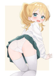 Rule 34 | 1girl, alice cartelet, all fours, aqua eyes, aqua skirt, ass, blonde hair, blush, border, embarrassed, feet out of frame, from behind, kin-iro mosaic, legs together, long hair, long sleeves, looking at viewer, looking back, miniskirt, outside border, panties, pleated skirt, shirt, skirt, solo, thigh gap, thighhighs, twintails, underwear, wavy mouth, white panties, white shirt, white thighhighs, yamadin, yellow background