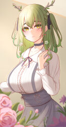 Rule 34 | 1girl, absurdres, antlers, branch, breasts, center frills, ceres fauna, ceres fauna (jirai kei), choker, cleavage, closed mouth, collarbone, dress, flower, frills, green hair, hair between eyes, hair flower, hair ornament, highres, hololive, hololive english, horns, large breasts, long sleeves, looking at viewer, mole, mole under eye, nail polish, peony (flower), smile, snow dusk, solo, two side up, underbust, virtual youtuber, yellow eyes