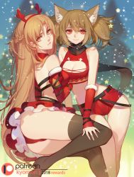 Rule 34 | 2girls, animal ears, antlers, ass, asuna (sao), bare legs, bare pectorals, bare shoulders, belt, black belt, black footwear, black leggings, black scarf, blonde hair, blurry, blurry background, bra, breasts, brown eyes, brown hair, cat ears, christmas, christmas tree, cleavage, cleavage cutout, closed mouth, clothing cutout, commentary, detached sleeves, feet out of frame, hair between eyes, hair ornament, hand on own knee, horns, large breasts, leggings, long hair, long sleeves, looking at viewer, medium breasts, miniskirt, multiple girls, panties, patreon logo, pectorals, ponytail, red bra, red panties, red shorts, red skirt, red sleeves, reindeer antlers, santa costume, scarf, short hair, short sleeves, shorts, silica, silica (sao-alo), skirt, smile, snow, songjikyo, standing, star (symbol), sword art online, thighhighs, twintails, underwear, yellow eyes