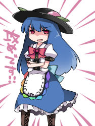 Rule 34 | 1girl, apron, bad id, bad pixiv id, blue hair, boots, bow, cross-laced footwear, crossed arms, emphasis lines, food, fruit, hammer (sunset beach), hat, hinanawi tenshi, long hair, looking at viewer, open mouth, peach, pink eyes, red eyes, skirt, skirt set, smile, smug, sneer, solo, touhou, translated, waist apron
