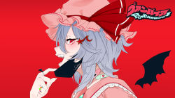 Rule 34 | 1girl, bandaid, brooch, fangs, frills, from side, hair ornament, hat, highres, jewelry, mask, mask pull, unworn mask, medium hair, mob cap, parody, red background, red eyes, remilia scarlet, ring, satoimo1012, smile, solo, song name, touhou, vampire (vocaloid), vocaloid, wavy hair