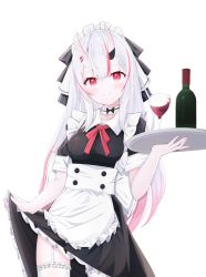 Rule 34 | 1girl, absurdres, alcohol, alternate costume, apron, black dress, blush, bottle, closed mouth, cup, dress, drinking glass, enmaided, frilled apron, frilled dress, frilled legwear, frills, garter straps, hair between eyes, highres, holding, holding tray, hololive, horns, long hair, maid, maid headdress, multicolored hair, nakiri ayame, oni, puffy short sleeves, puffy sleeves, red eyes, red hair, short sleeves, silver hair, simple background, skin-covered horns, skirt hold, smile, solo, starfox1015, streaked hair, transparent background, tray, very long hair, virtual youtuber, white apron, white background, white legwear, wine, wine bottle, wine glass