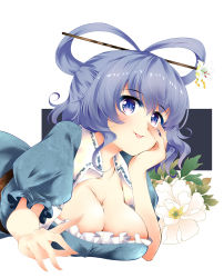 Rule 34 | 1girl, :p, blue dress, blush, breasts, cleavage, collarbone, commentary request, dress, flower, flower request, hair between eyes, hair ornament, hair rings, hair stick, hand on own cheek, hand on own face, hand up, highres, kaku seiga, large breasts, looking at viewer, lying, medium hair, on stomach, open clothes, open vest, puffy short sleeves, puffy sleeves, short sleeves, simple background, solo, tongue, tongue out, touhou, upper body, usuusu, vest, white background, white flower, white vest
