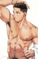 Rule 34 | 1boy, abs, armpit hair, armpits, bara, completely nude, gentle2nd, groin, hand on own head, large pectorals, looking to the side, male focus, male pubic hair, mature male, muscular, muscular male, navel, navel hair, nipples, nude, original, out-of-frame censoring, pectorals, pubic hair, pubic hair peek, short hair, solo, stomach, thick eyebrows, turning head, undercut
