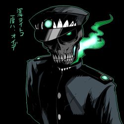 Rule 34 | 10s, 1boy, abyssal admiral (kancolle), admiral (kancolle), black background, fire, fire, glowing, glowing eye, green eyes, hat, kantai collection, male focus, military, military uniform, naval uniform, rariatto (ganguri), skull, solo, translation request, uniform