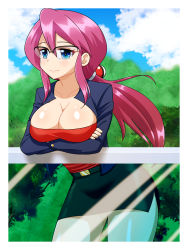 Rule 34 | blue eyes, blue jacket, blush, breast hold, breasts, cleavage, cloud, creatures (company), cropped jacket, elite four, game freak, glasses, hair between eyes, hair ornament, highres, jacket, large breasts, leaning forward, long hair, lorelei (pokemon), low ponytail, miniskirt, nintendo, open clothes, pencil skirt, poke ball hair ornament, pokemon, pokemon (anime), pokemon (classic anime), ponytail, sidelocks, skirt, smile, strapless, tube top, yensh