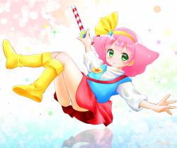Rule 34 | 1girl, akato mato, bad id, bad pixiv id, badge, boots, falling, full body, green eyes, hairband, jewelry, looking at viewer, magical girl, mahou no princess minky momo, minky momo, panties, pink hair, red skirt, reflection, short hair, simple background, skirt, smile, solo, star (symbol), underwear, wand, white panties, yellow footwear, yellow hairband