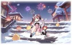 1girl absurdres aerial_fireworks animal_ear_fluff animal_ears architecture artist_request azur_lane bird black_footwear blush boots bow brown_hair check_artist chick chinese_new_year dog_ears dog_girl double_bun dress east_asian_architecture embarrassed fireworks frilled_kimono frills green_eyes hair_bow hair_bun high_heel_boots high_heels highres holding holding_lantern japanese_clothes kimono lantern long_sleeves looking_at_viewer manjuu_(azur_lane) medium_hair night night_sky non-web_source official_alternate_costume official_art open_mouth outdoors paper_lantern pink_dress ribbon saru shiratsuyu_(azur_lane) shiratsuyu_(thawing_snow_fireworks_alight)_(azur_lane) sitting sky snow socks solo stairs star_(sky) starry_sky tail torii tree wide_sleeves winter