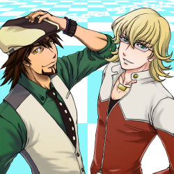 Rule 34 | 10s, 2boys, barnaby brooks jr., beads, blonde hair, brown hair, cabbie hat, checkered background, facial hair, glasses, goatee, hand on own head, hat, jewelry, kaburagi t. kotetsu, male focus, multiple boys, necktie, ring, smile, tiger &amp; bunny, upper body, vest, wristband, yuki tomo