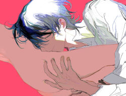 Rule 34 | 1boy, 1girl, ass, ass grab, athgil, blue hair, closed eyes, clothed male nude female, nude, original, red background, shirt, simple background, tagme