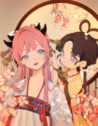 Rule 34 | 2girls, aged down, atelier live, blue eyes, branch, bright pupils, brown hair, chinese clothes, commentary, dragon girl, dragon horns, earrings, english commentary, flower, hair rings, hanfu, head tilt, horns, indie virtual youtuber, jewelry, kuzuryu io, lipstick, makeup, multiple girls, pink flower, purple eyes, qixiong ruqun, red lips, ruqun, smile, virtual youtuber, white pupils, xiaociiao, xiaociiao (vtuber)