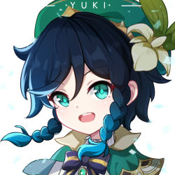 Rule 34 | 1boy, androgynous, artist name, beret, black hair, blue hair, bow, braid, brooch, cape, collared cape, collared shirt, flower, gem, genshin impact, gradient hair, green eyes, green hat, hat, hat flower, jewelry, leaf, looking at viewer, male focus, multicolored hair, open mouth, shirt, short hair with long locks, simple background, smile, solo, twin braids, venti (genshin impact), white background, white flower, white shirt, yuki xiao