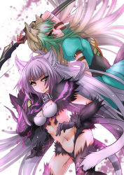 Rule 34 | 2girls, agrius metamorphosis, ahoge, animal ears, atalanta (fate), atalanta alter (fate), blonde hair, bow (weapon), breasts, cat ears, cat tail, collar, commentary request, dress, dual persona, dyed bangs, fate/apocrypha, fate/grand order, fate (series), green eyes, green hair, haku (grimjin), highres, long hair, medium breasts, multicolored hair, multiple girls, navel, silver hair, tail, thighhighs, two-tone hair, very long hair, weapon