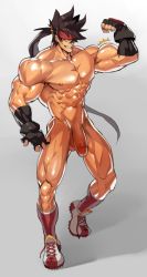 Rule 34 | 1boy, abs, armpit peek, bara, belt, belt buckle, brown hair, buckle, fingerless gloves, flaccid, flexing, full body, gloves, guilty gear, hat, headgear, large pectorals, long hair, male focus, muscular, na insoo, navel, nipples, nude, pectorals, penis, ponytail, shiny skin, shoes, simple background, sol badguy, solo, spiked hair, sportswear, testicles, thighs, uncensored, yellow eyes
